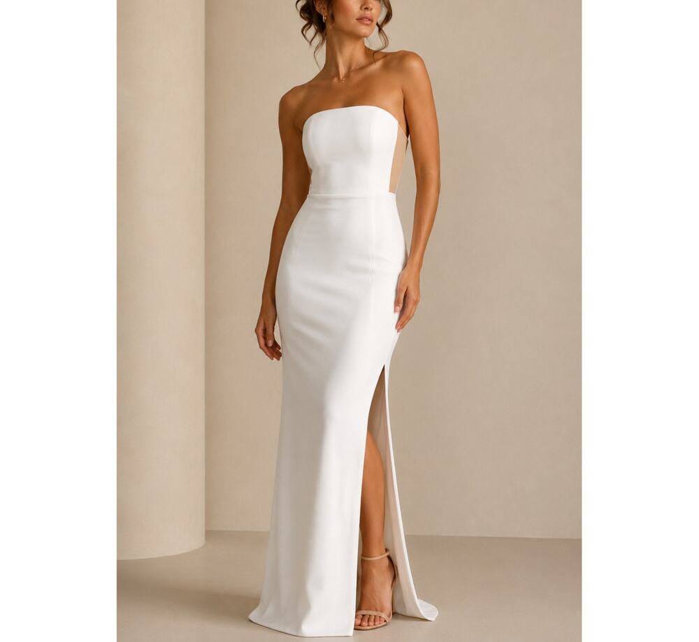 Misha Maxi Dress Womens XL White Slit Bridal Cocktail Elegant Strapless Luxury